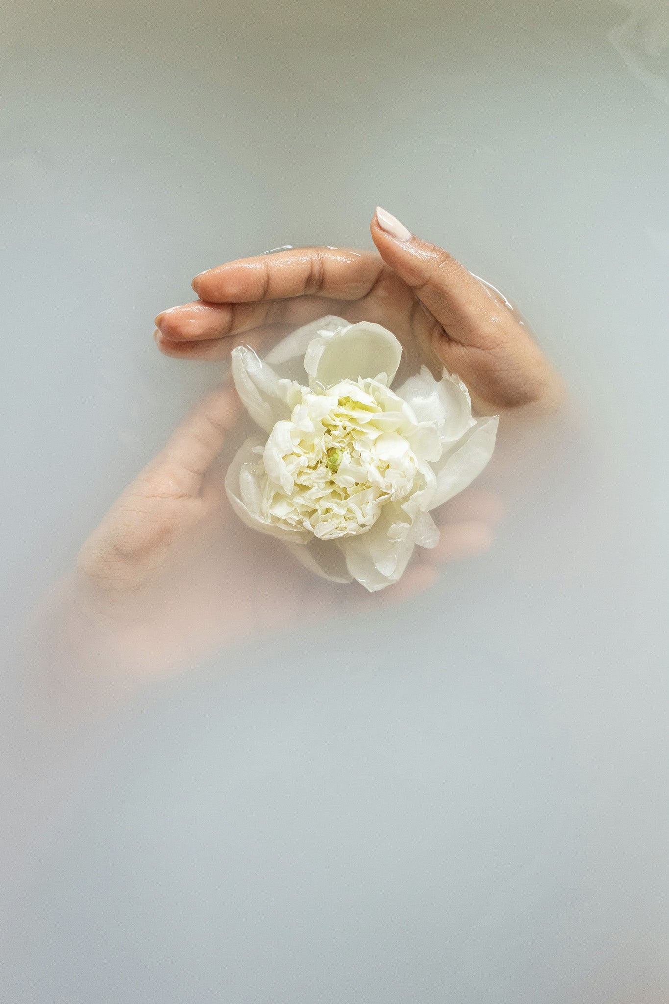 Pelle idratata e skincare naturale rappresentate da mani che sostengono un fiore immerse in acqua